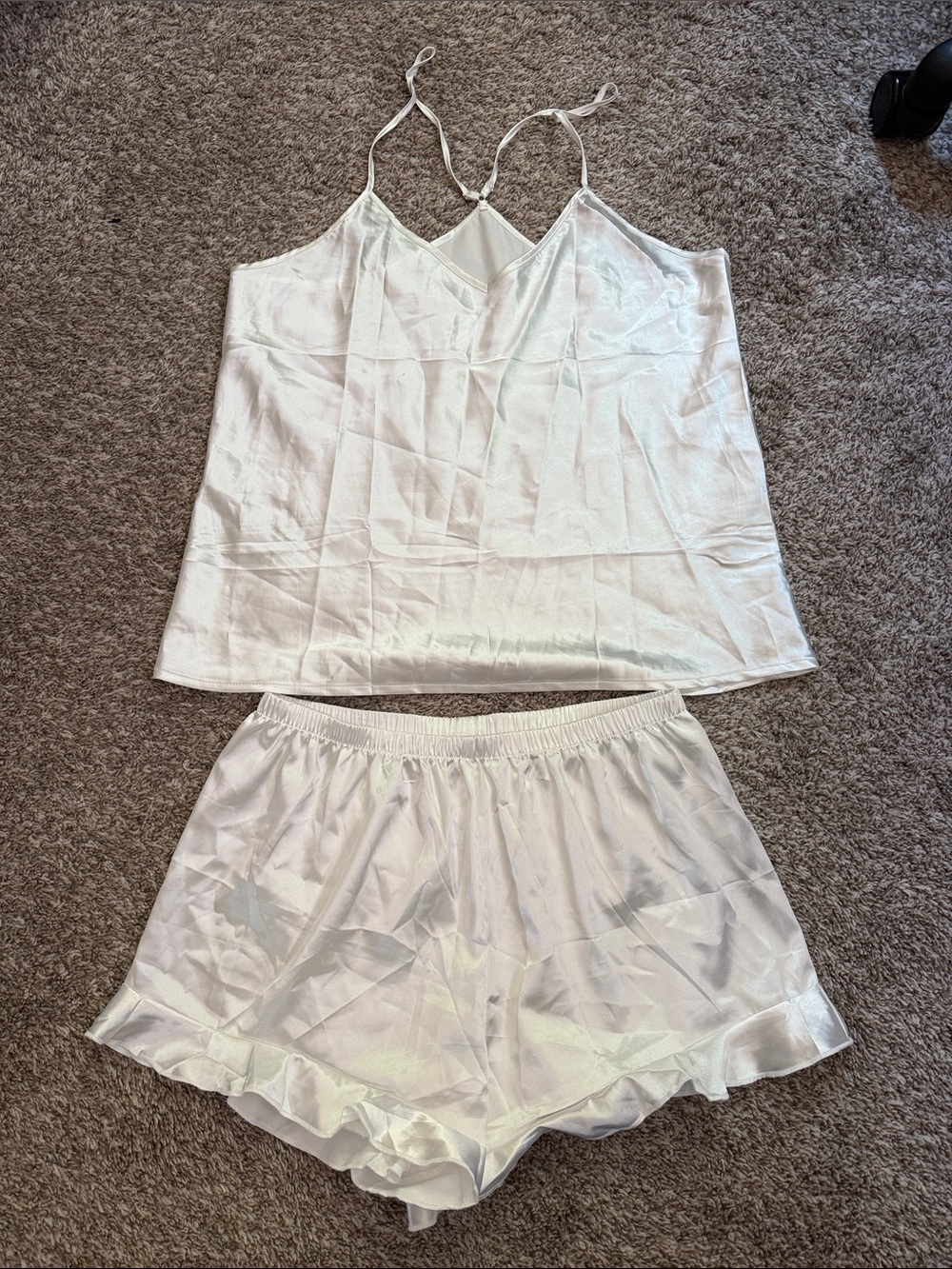 Women's Satin Sleep Set - White Cami & Ruffle Shorts